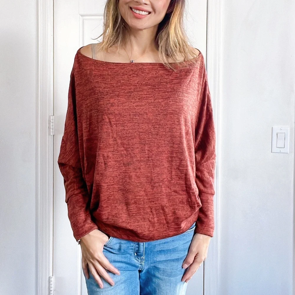 064 Cozy Off Shoulder Dolman Sleeve Oversized Top - Picture 8 of 8